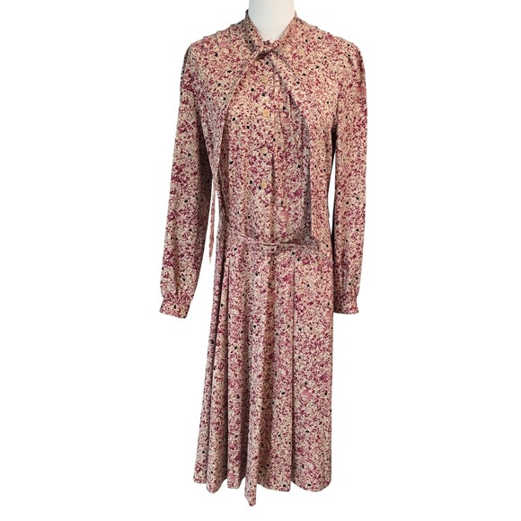 Margaret Selection Paris vintage‎ 80 Floral Print Midi Dress Belted Long Sleeve - Picture 2 of 12